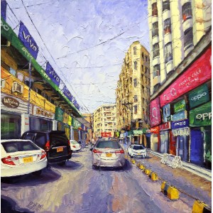 Saba Qayoom Leghari, Salahuddin Road Cantt II, 24 x 24 Inch, Oil on Canvas, Citycape Painting, AC-SQL-028